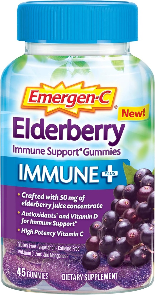 Emergen-C Immune+ Gummies de baies aînées, 750 mg de vitamine C avec vitamine D, zinc et électrolytes, supplément alimentaire de soutien immunitaire, sans caféine, sans gluten, saveur de baie aînée - 45 Compte