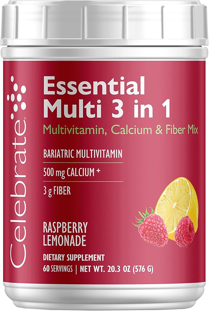 Célébrez les vitamines 3-en-1 Multivitamine bariatrique avec un mélange de citrate de calcium - 500mg Calcium, sans gluten, sans sucre - Mélange de poudre pour chirurgie post-baratique - Lémonade Rasp (60 portions)