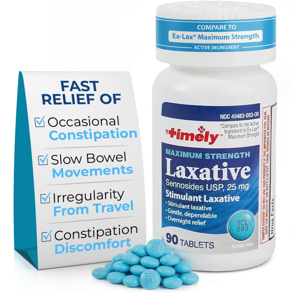 LABS TEMPORAIRE, INC. Timely - Max Laxatives - 90 comprimés de force maximale - 25 mg Sennosides Laxative - Relief de constipation occasionnelle, meilleurs laxatifs pour la constipation à action rapide
