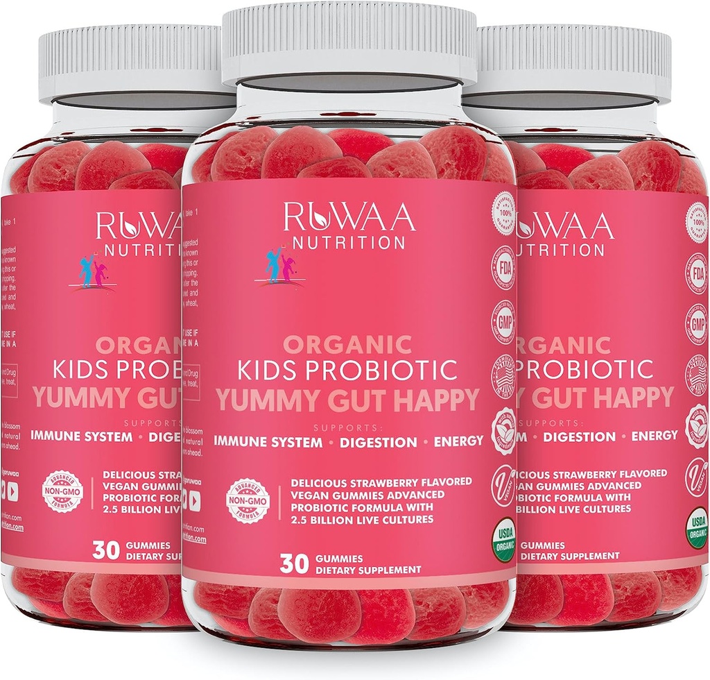 Gummies probiotiques pour enfants pour la santé digestive, probiotique quotidien à croquer pour les enfants de 4 ans et plus. Soins buccodentaires, Troubles abdominales, Santé Gut. Flaveur de fraises, USDA biologique, probiotiques pour enfants 90ct (3)