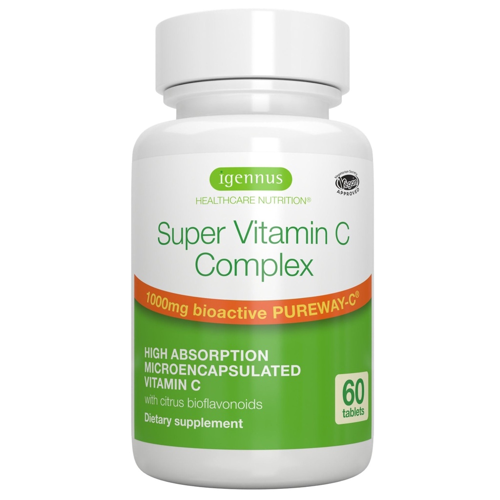 Igennus Haute Absorption Super Vitamine C, Label propre Pureway-C 1000mg, Vitamine C végétalienne avec bioflavonoïdes, 60 portions, Action 24 heures sur 24, Santé immunitaire, Énergie, Cœur et cerveau