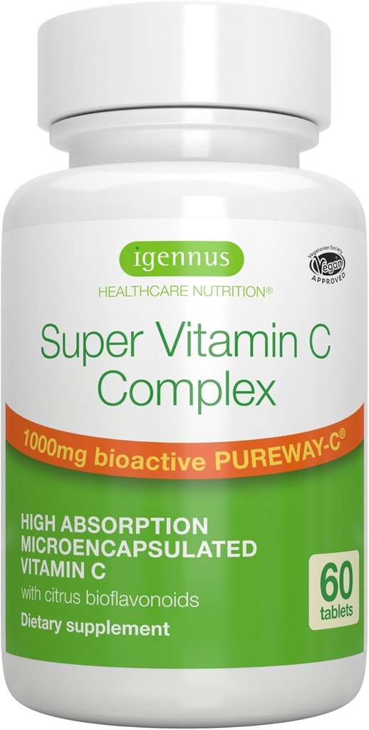 Igennus Haute Absorption Super Vitamine C, Label propre Pureway-C 1000mg, Vitamine C végétalienne avec bioflavonoïdes, 60 portions, Action 24 heures sur 24, Santé immunitaire, Énergie, Cœur et cerveau