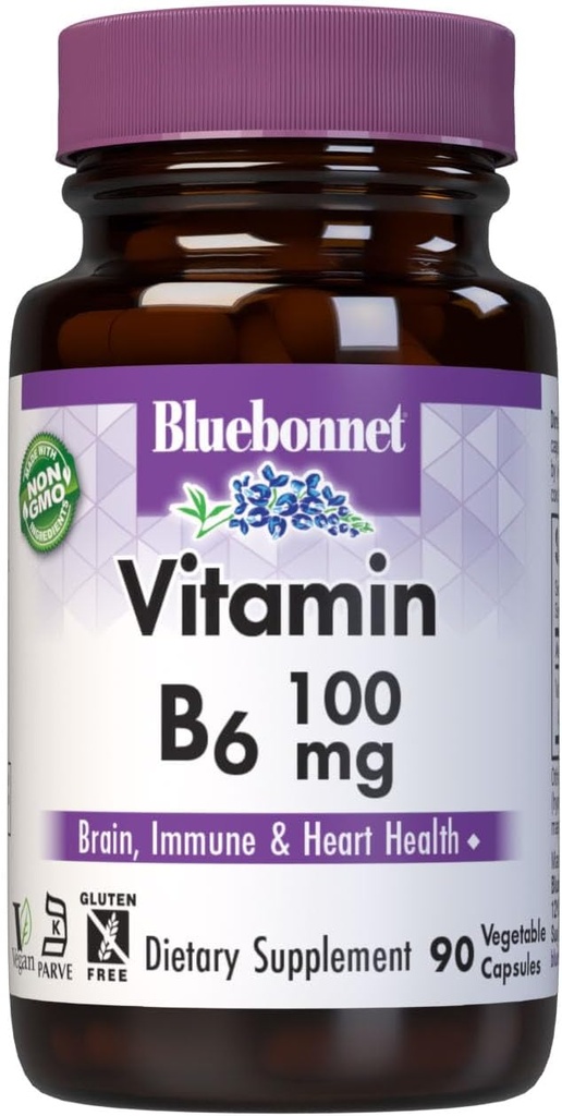 BlueBonnet Nutrition Vitamine B 6 100 mg Vitamines énergétiques pour les femmes et les hommes - Supplément de soutien immunitaire et cardiaque du système nerveux - Non-OGM, végétalien, sans gluten - 60 capsules végétales