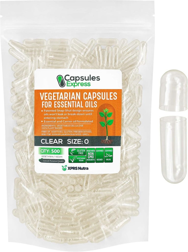 XPRS Nutra Size 0 Empty Vegan Capsules - 500 Count Clear Veggie Capsules for Essential Oils - Empty Vegetable Do-It-Yourself Caps Filling Works with Most Essential Oils