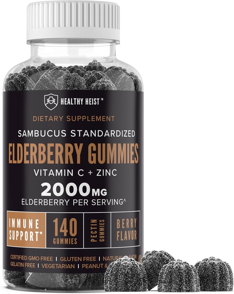 Sambucus Black Elderberry Gummies avec du zinc et de la vitamine C, 140 Gummies, le soutien immunitaire à croquer pour les adultes et les enfants, non OGM, Kosher, Pectine, Vegan, Delicious Berry Flavor