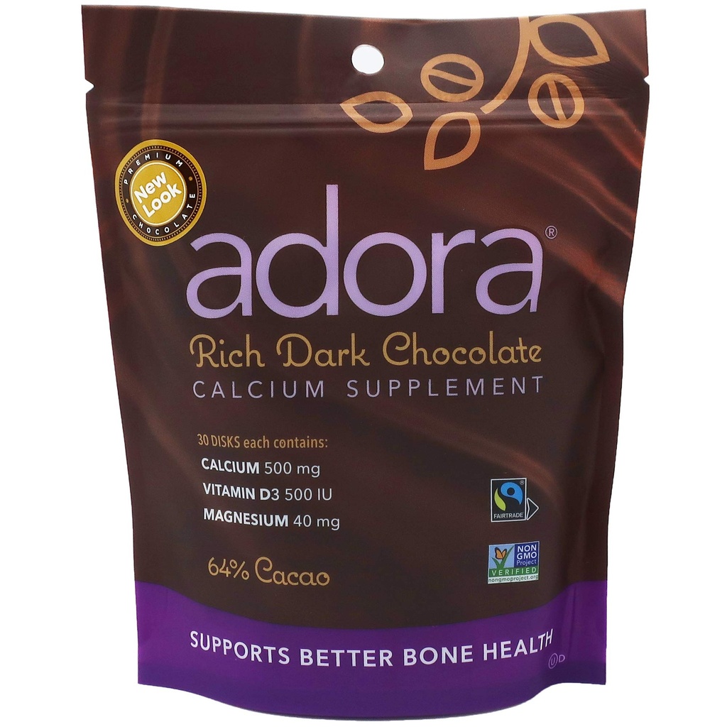 Supplément Calcium Adora, Chocolat noir Fairtrade, Paquet unique - 30 ct