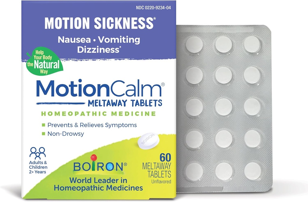 Boiron MotionCalm Relief pour les nausées, les vomissements ou les étourdissements associés à la maladie des mouvements en raison des voyages, des manèges et des jeux vidéo ou VR - Non-Sourd - 60 Comte
