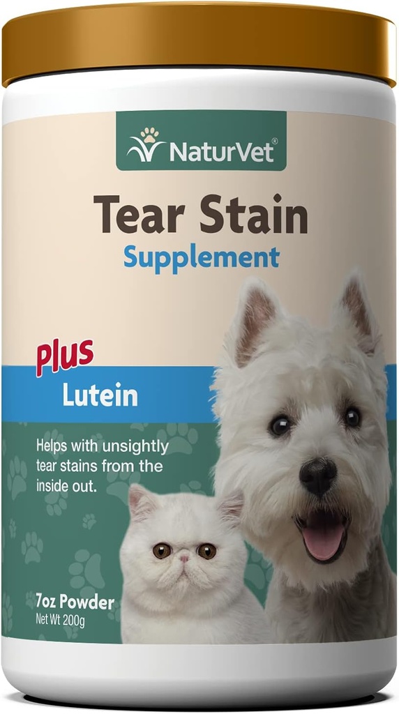 NaturVet – Tear Stain Plus Lutein (en anglais seulement) élimine les étamines malsaines de la tear, enrichi avec extrait de canneberge, ascorbate de calcium et racine de raisin de l'Oregon pour chiens et chats (en anglais seulement) 200 Gram Powder