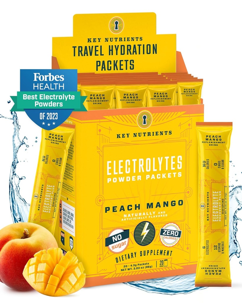 Paquets de poudre d'électrolytes - Paquets d'hydratation pour la pêche tropicale Mango 20 - Poudre d'hydratation de voyage - Pas de sucre, pas de calories, sans gluten - Fabriqué aux États-Unis