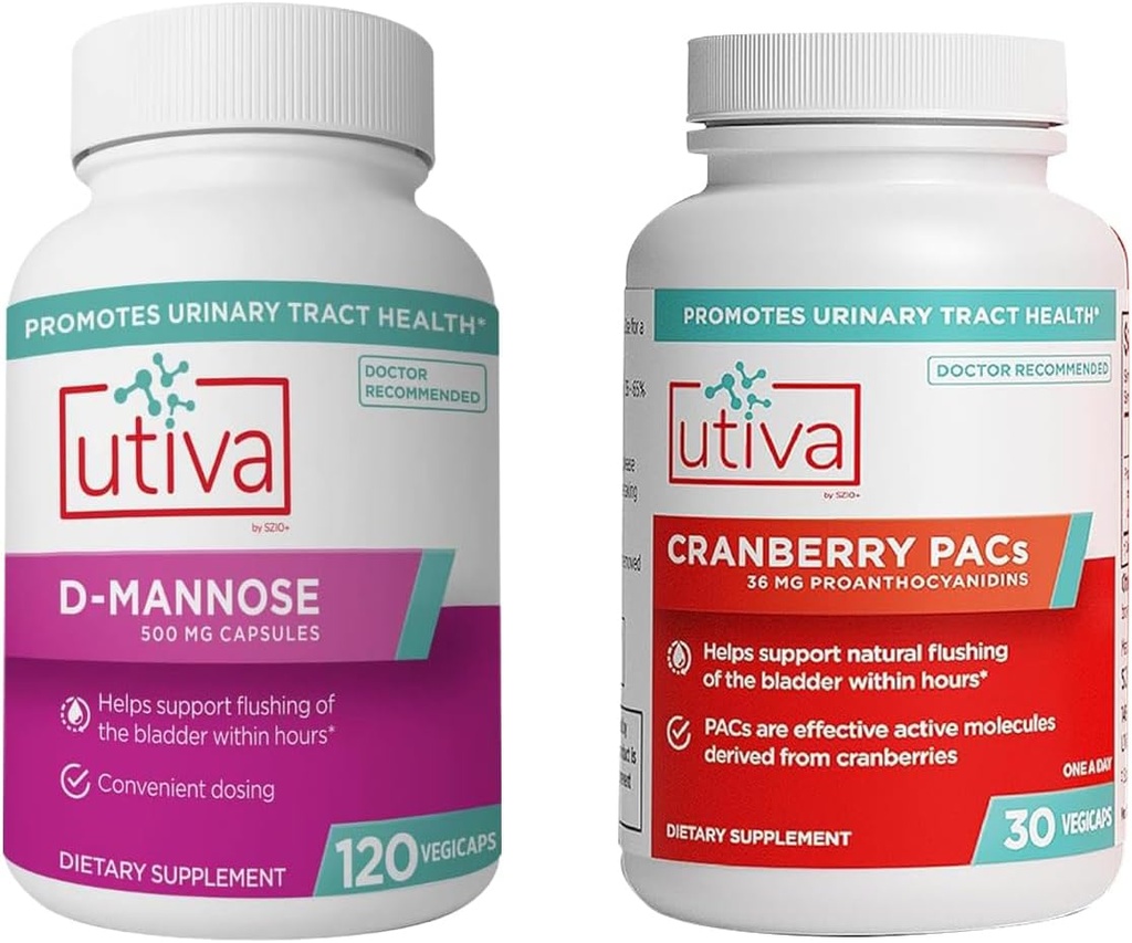 20% Bundle Utiva Cranberry PACs 30 Vegi Capsules Cranberry Supplement for Urinary Tract Health for Women and Men + Utiva D-Mannose 500mg 120 Capsules Naturally Flush The Bladder and Urinary Tract
