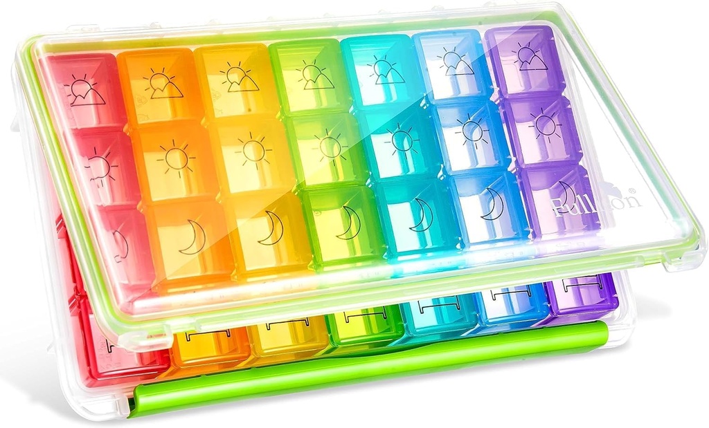 Fullicon Weekly Pill Organizer 4 fois par jour, Pill Box 7 Day for Travel, Hydratant-Proof Daily Pill Box Organizer, Large Pill Case for Medicine, Vitamine, Fish Oil, and Supplement (Clear and Green)