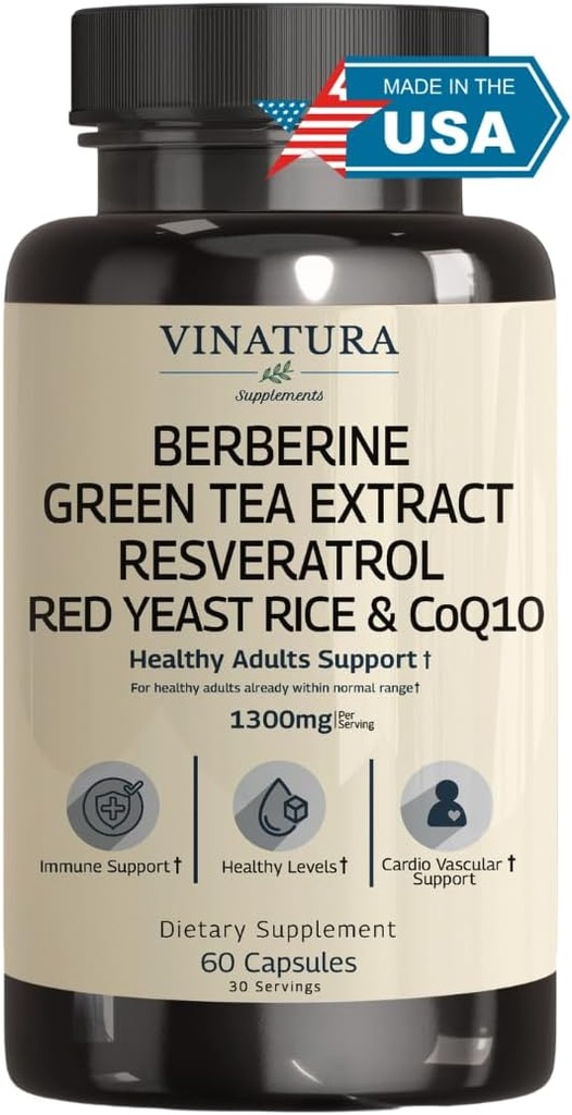 VINATURA Berberine HCL & Ceylan Cinnamon - Red Yeast Riz & CoQ10 1300mg par portion *USA Fabriqué et testé* Niveaux sains avec extrait de thé vert, resvératrol, magnésium, glycinate, picolinate de chrome