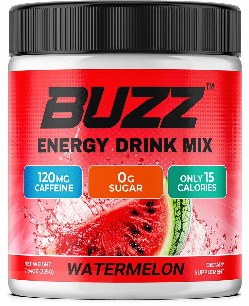 Morning Buzz Energy Drink Powder - Energy Boost Drink Mix - Énergie sans sucre avec des antioxydants - Morning Kickstart et Sport Nutrition Endurance Product - 30 portions, pastèque, 8 onces