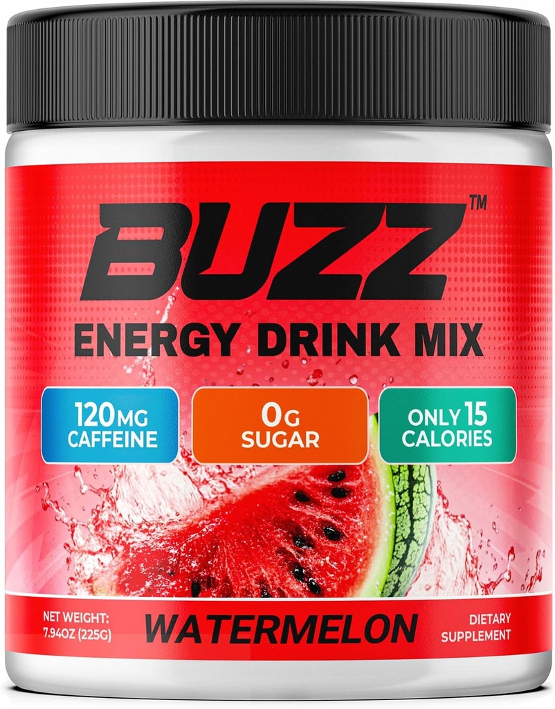 Morning Buzz Energy Drink Powder - Energy Boost Drink Mix - Énergie sans sucre avec des antioxydants - Morning Kickstart et Sport Nutrition Endurance Product - 30 portions, pastèque, 8 onces