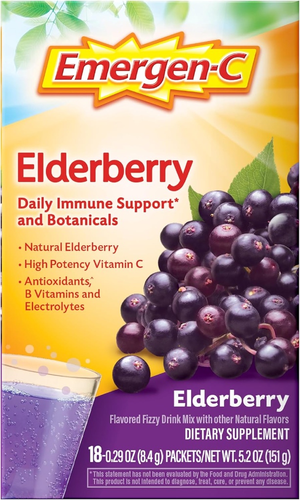 Emergen-C Elderberry Fizzy Drink Mix, Elderberry Immune Support, saveurs naturelles, avec vitamine C à haute puissance, 18 Compte