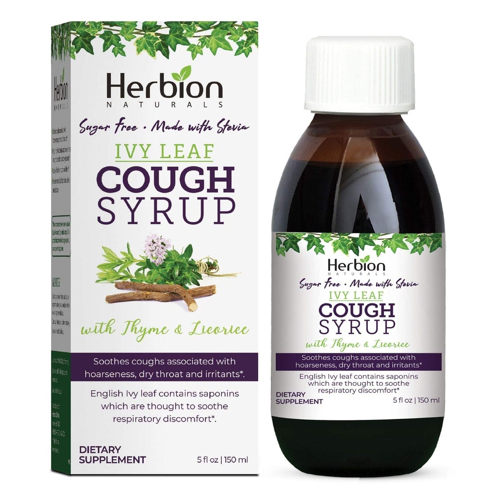 HERBION Naturals Ivy Leaf Cough Sirop avec thym et réglisse, 5 FL Oz, Gorge apaisante et soulage le malaise respiratoire, pour les adultes, les enfants 13 mois et plus, sans alcool, sans sucre avec Stevia