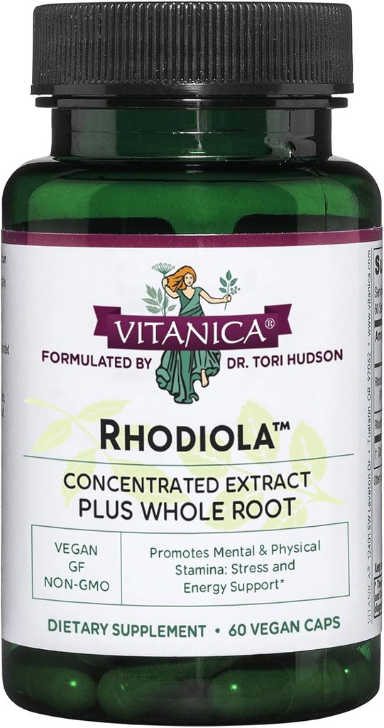 Vitanica Rhodiola Rosea Extrait de racine 200mg, Dr. Formulé, 3% Rosavins et 1% Salidroside, Rhodiola Root 85mg, Vegan, 60 Capsules
