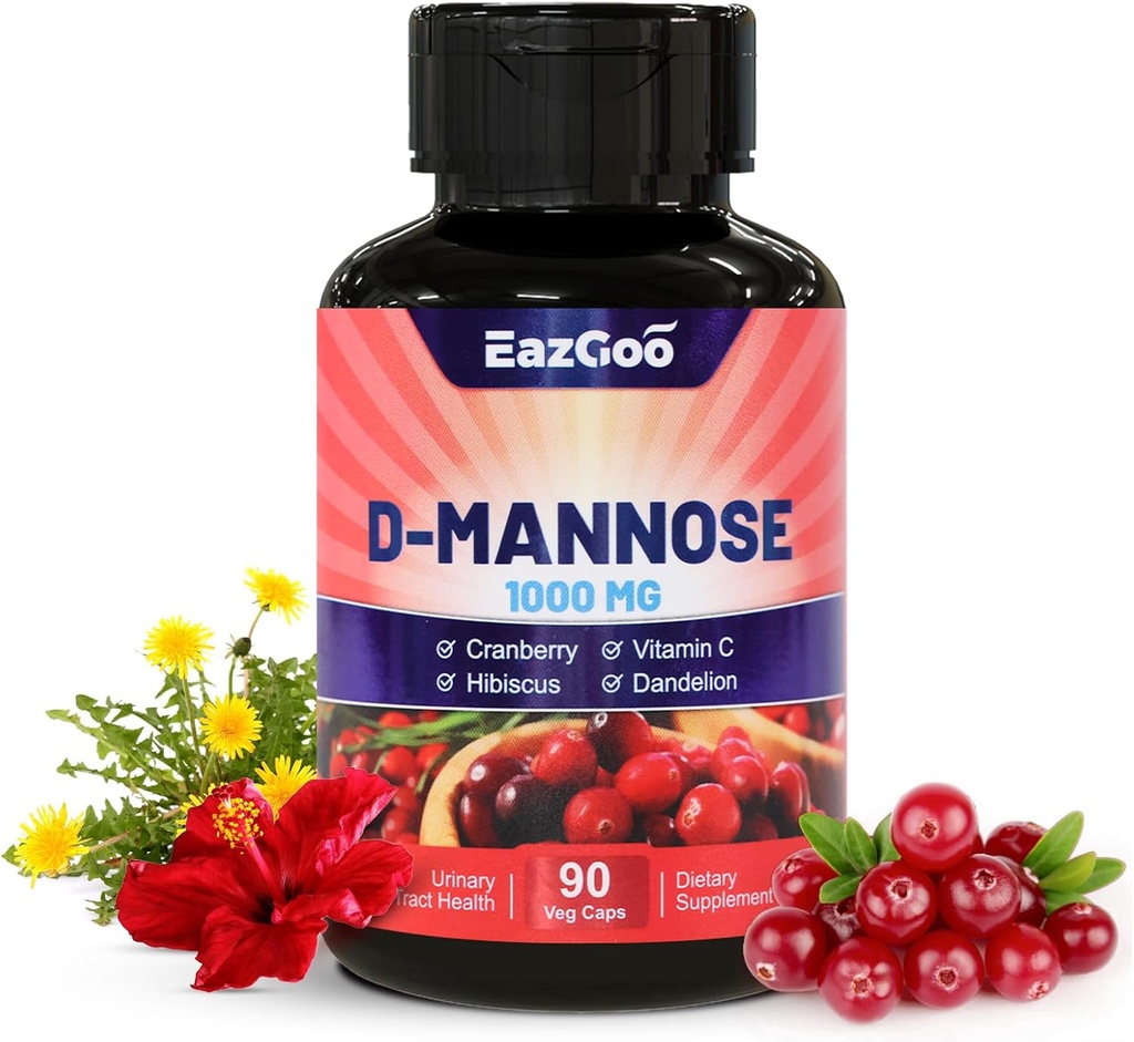 Supplément D-Mannose – Capsules de 1000mg avec canneberge, vitamine C, Hibiscus et extrait de dandelion, soutien de la santé urinaire, D-Mannose et capsules de canneberge, 90 Nombre