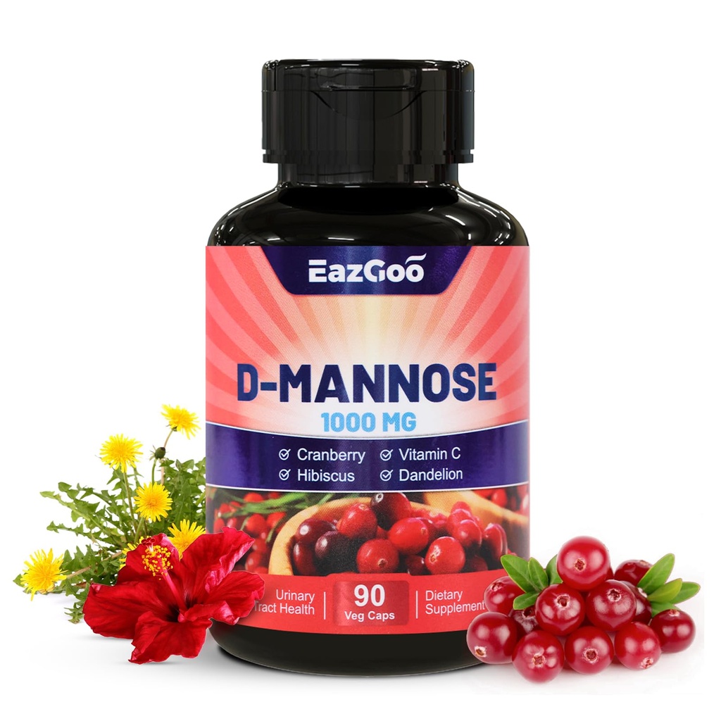 Supplément D-Mannose – Capsules de 1000mg avec canneberge, vitamine C, Hibiscus et extrait de dandelion, soutien de la santé urinaire, D-Mannose et capsules de canneberge, 90 Nombre