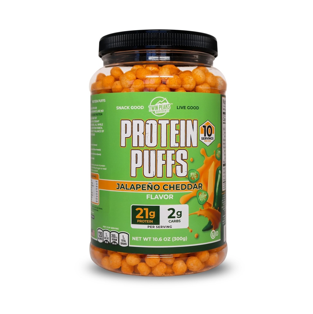 Puffes protéinées Twin Peaks - (Jalapeno Cheddar), Keto Friendly, Snack faible en glucides (300g, 21g de protéines, 2g de glucides nets, haute en protéines, Snack croustillant sain)