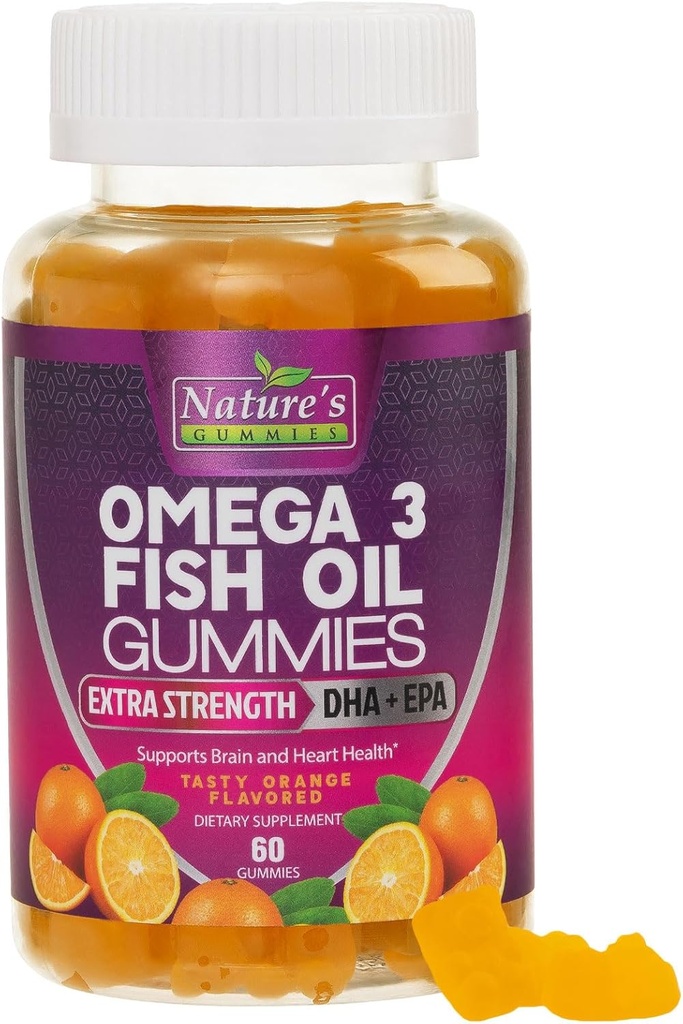 Omega 3 Huile de poisson Gommies, supplément de Gommy Omega 3 santé cardiaque avec haute absorption DHA et EPA, joint de force supplémentaire et soutien du cerveau, huile de poisson d'orange délicieuse huile de poisson de la nature - 60 Gommies