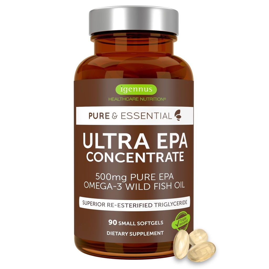 Igennus Ultra Pure Omega-3 EPA 500mg, huile de poisson sauvage certifiée IFOS hautement concentrée, forme de triglycéride rTG avancée, non OGM, 90 petits softgels