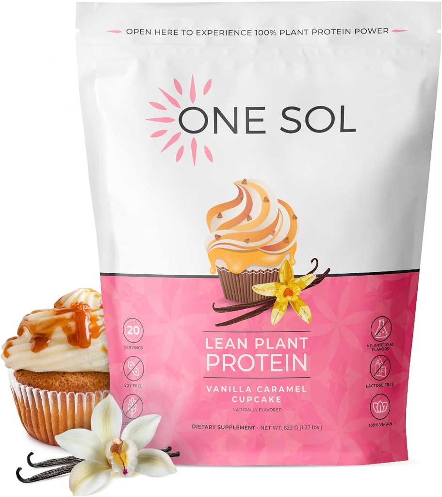 Une poudre de protéines végétales de Sol Lean, de pois et de riz brun, faible teneur en glucides, végétalien - sans gluten, lactose et soja - Pas d'ajout de sucre, non-OGM, nutrition propre, pas de ballonnement (Vanilla caramel cupcake)