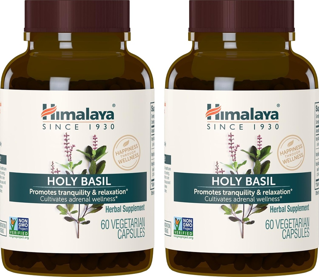 Himalaya Saint Basile, 60 jours d'approvisionnement - Herbal Adrénal Support pour le stress, la relaxation, le soutien énergétique et occasionnel sans sommeil - végétalien, non-OGM, sans gluten, 720 mg, 60 capsules, pack de 2