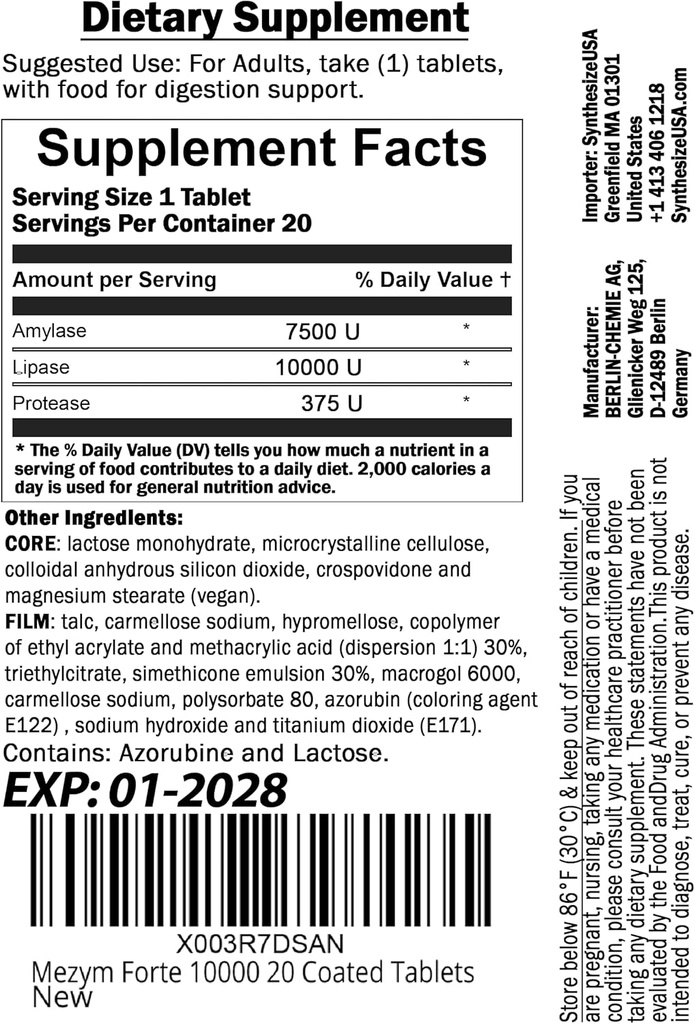 Grace nnvg Mezym Forte 10000, 20 comprimés (Supplément alimentaire, enzymes de pancréatine pour le soutien de la digestion)