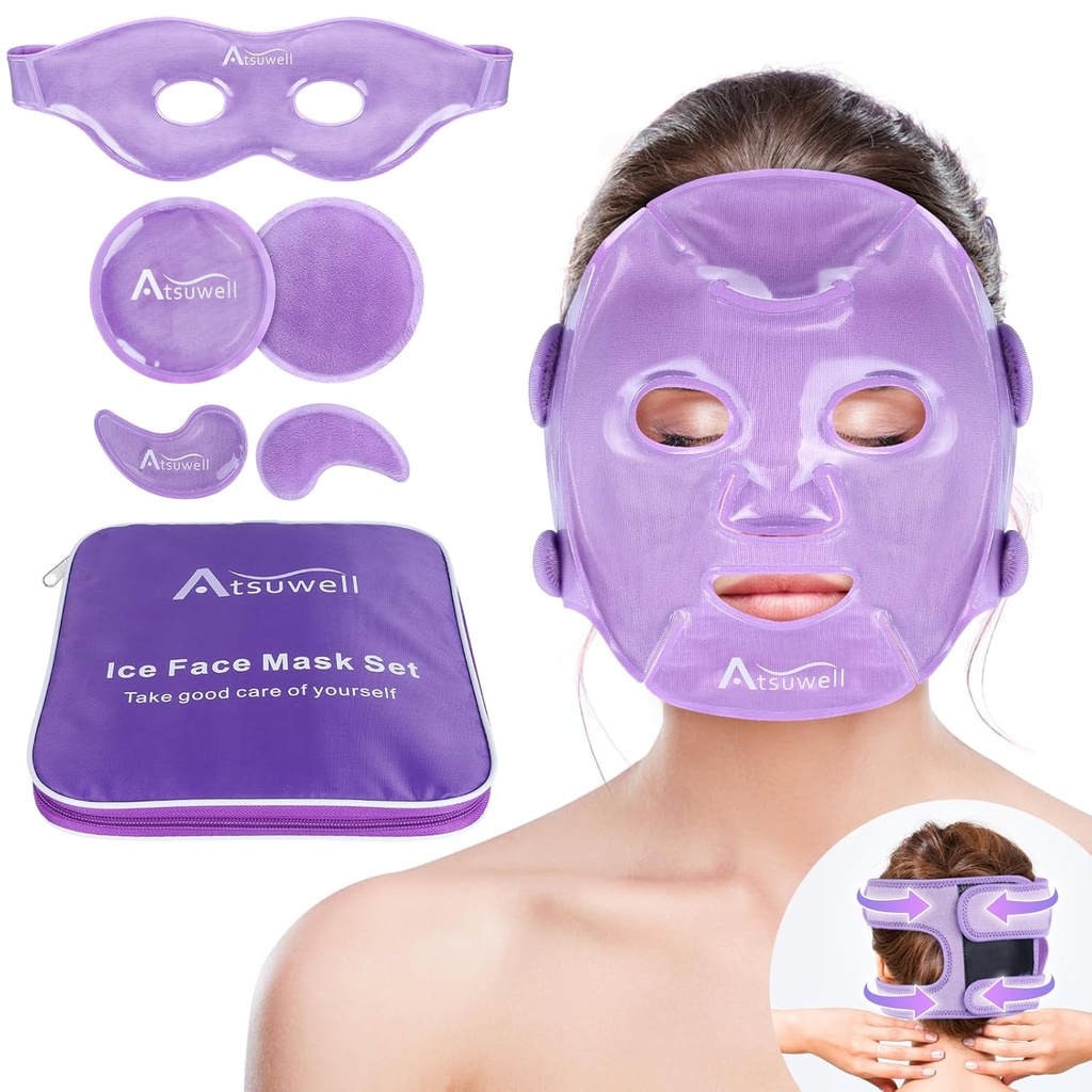 Masque pour les yeux Atsuwell Cooling Ice Face pour les cercles sombres et le puffiness, 6 packs de gel froid pour le visage, Yeux, Soft En peluche Doublure Glace Pads Compress froid, Relaxation, Sac cool inclus