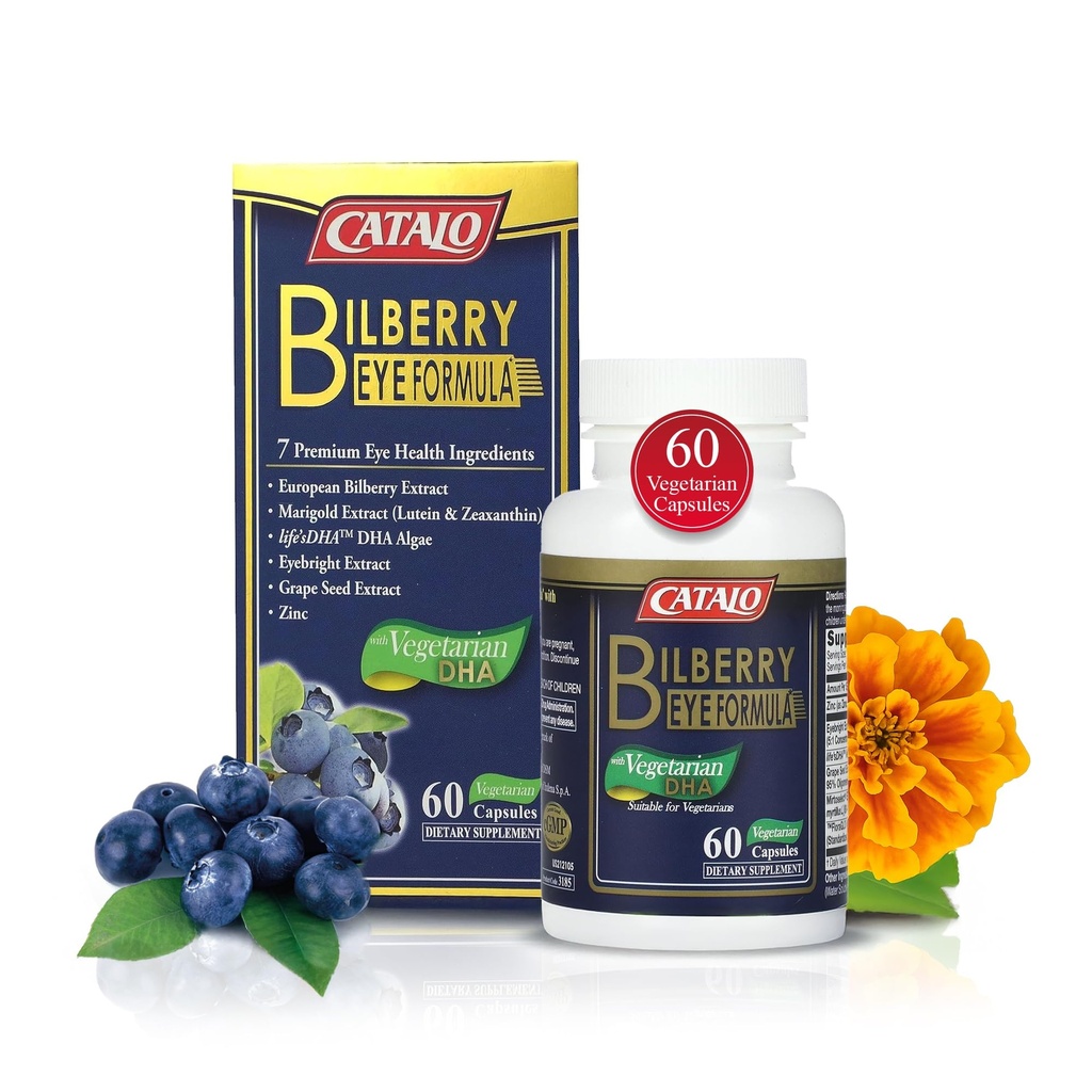 CATALO Bilberry Eye Formula with Vegetarian DHA - Eye Care Supplement with Mirtoselect Bilberry Extract, DHA from Algae, Lutein, Zeaxanthin, Grape Seed Extract et Zinc - 60 capsules végétariennes