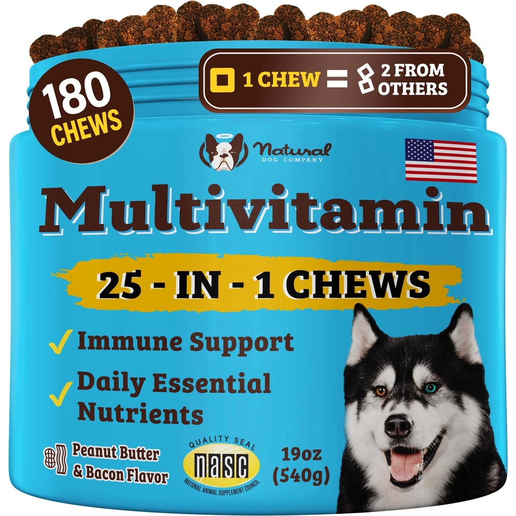 Natural Dog Company 25-en-1 Multivitamine Chews pour chiens – 180 Count Value Pack – Vitamines quotidiennes de chien doux avec antioxydants, Zinc et acide folique – soutient les articulations, la peau et le manteau, Immune et la santé cardiaque
