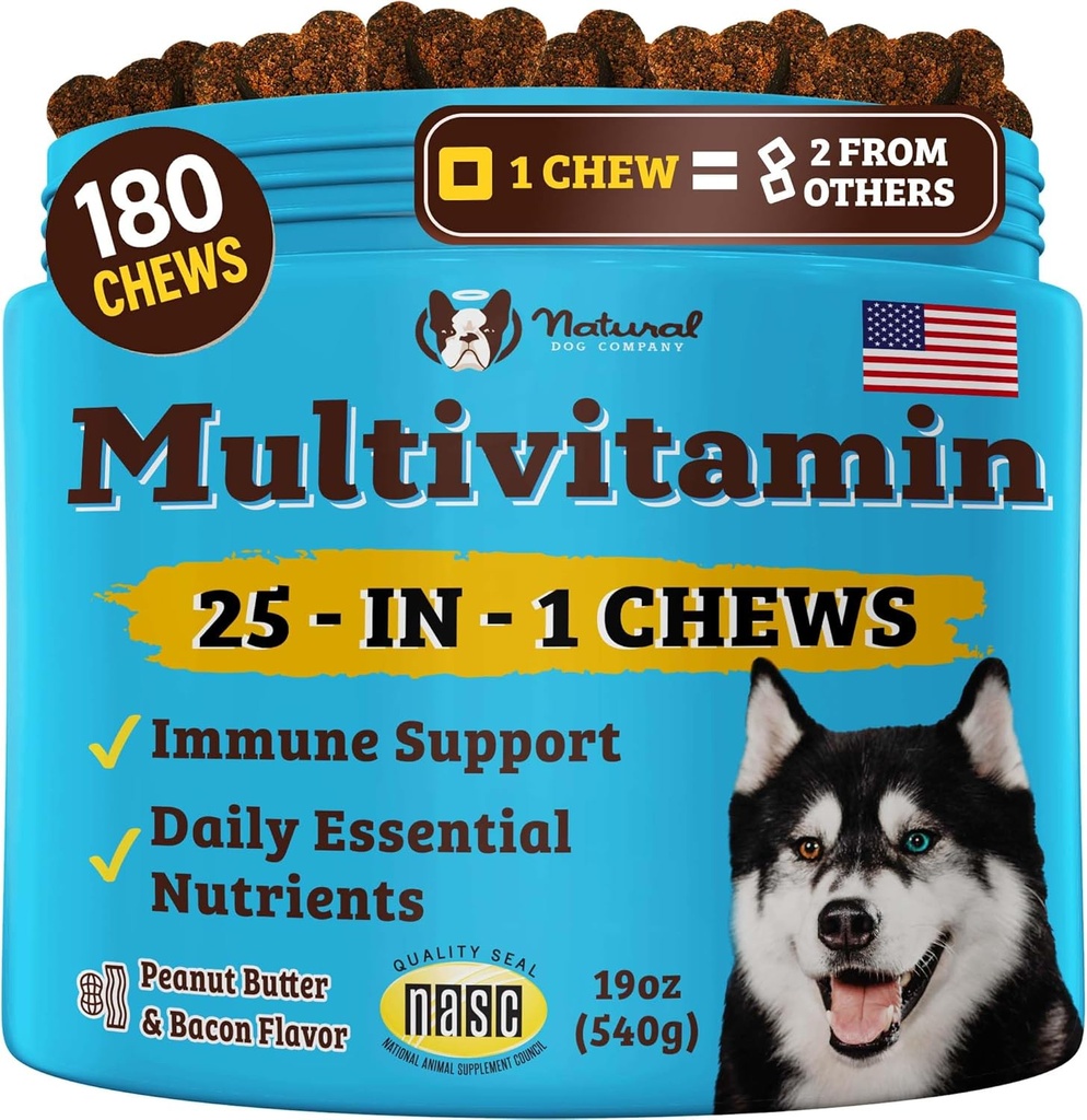 Natural Dog Company 25-en-1 Multivitamine Chews pour chiens – 180 Count Value Pack – Vitamines quotidiennes de chien doux avec antioxydants, Zinc et acide folique – soutient les articulations, la peau et le manteau, Immune et la santé cardiaque
