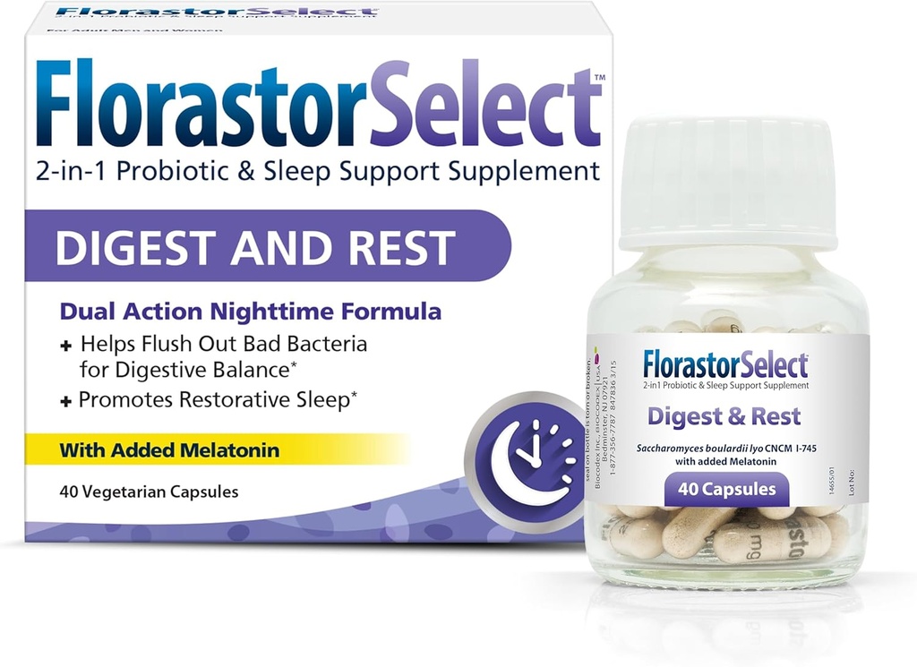 Florastor Probiotic Digest and Repos, Saccharomyces Boulardii Probiotics avec la mélatonine (4mg), aide naturelle au sommeil + soutien digestif, 40 capsules