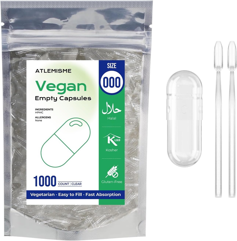 Capsules vides Vegan Taille 000 - Capsules vides Vegan (1000 Nombre) Capsules vides Bricolage Gélule végétale Remplissage - Capsules veggie Caps vides avec 2 cuillères Micro Lab pour remplir la capsule