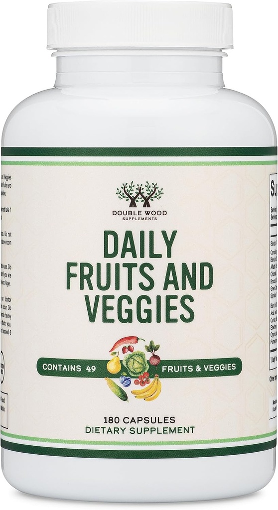 Supplément aux fruits et légumes (mélange quotidien de 49 fruits et légumes différents, 23 légumes et 29 fruits) 1 500 mg portions, 180 capsules (sans remplissage, sans danger végétalien, sans OGM) par double bois