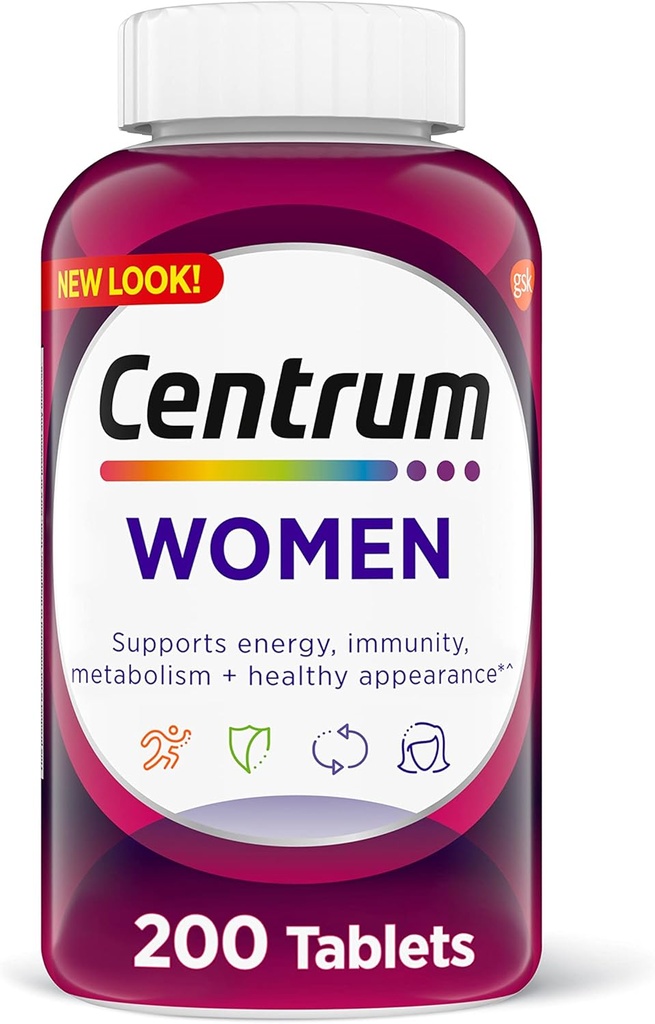 Comprimé multivitamine centrum pour les femmes, supplément multivitamine/multiminéral avec fer, vitamine D3, vitamine B et vitamines antioxydantes C et E, sans gluten, ingrédients non OGM - 200 Nombre
