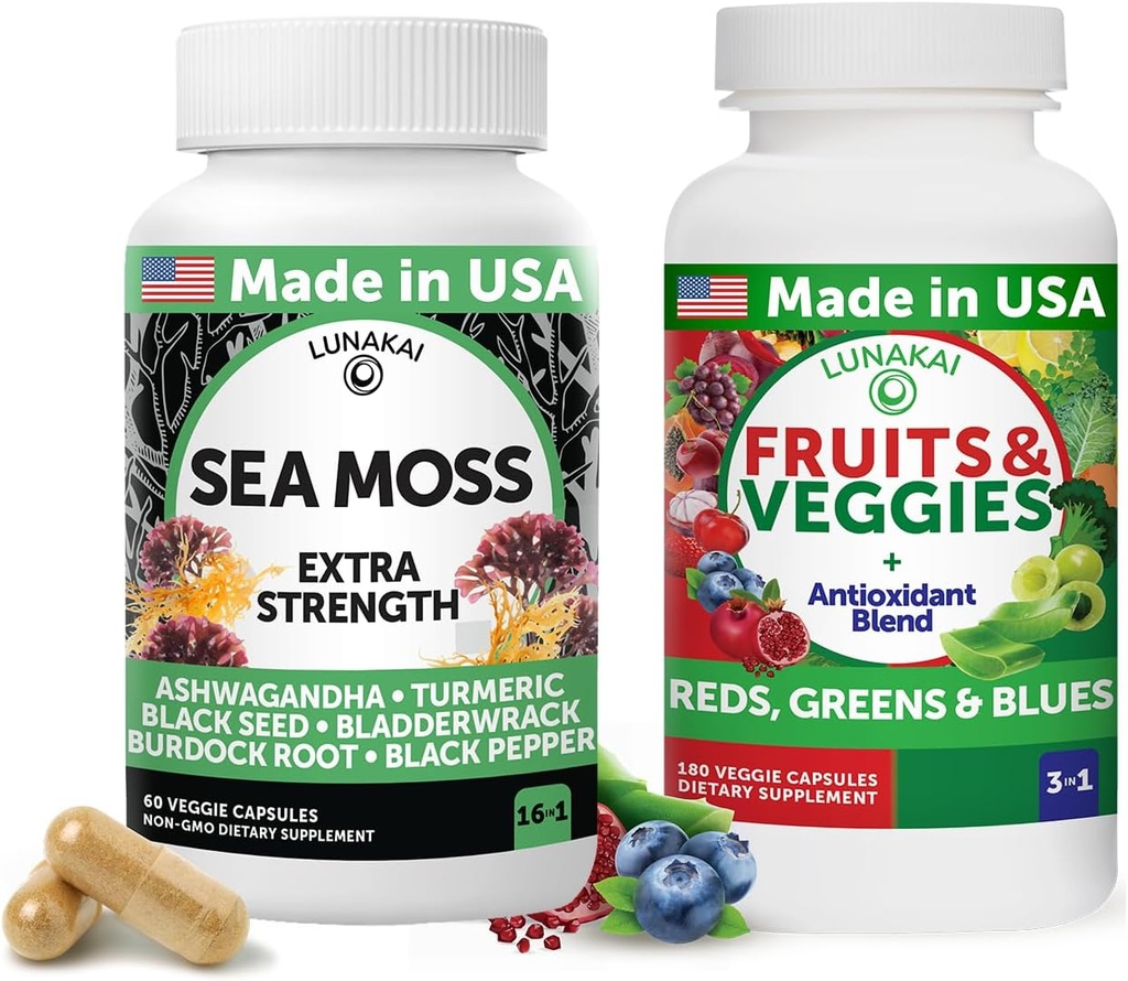 Lunakai États-Unis Superfood Fruits & Veggies Supplément & Irish Sea Moss Bundle avec 4 Mélanges, Huile de Graine Noire & Ashwagandha pour Immune & Wellness Support