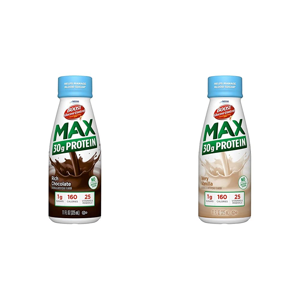 BOOST Glucose Control Max 30g Protéines Boissons nutritionnelles, 12 Chocolat riche + 12 Très Vanille (Pack de 24)