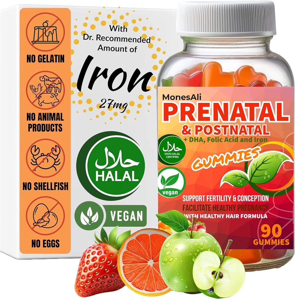 Gommies de vitamines prénatales pour les femmes et postnatales Vegan, Halal, sans gélatine avec folate, fer et biotine soutient la grossesse, l'énergie postpartum et la santé des cheveux