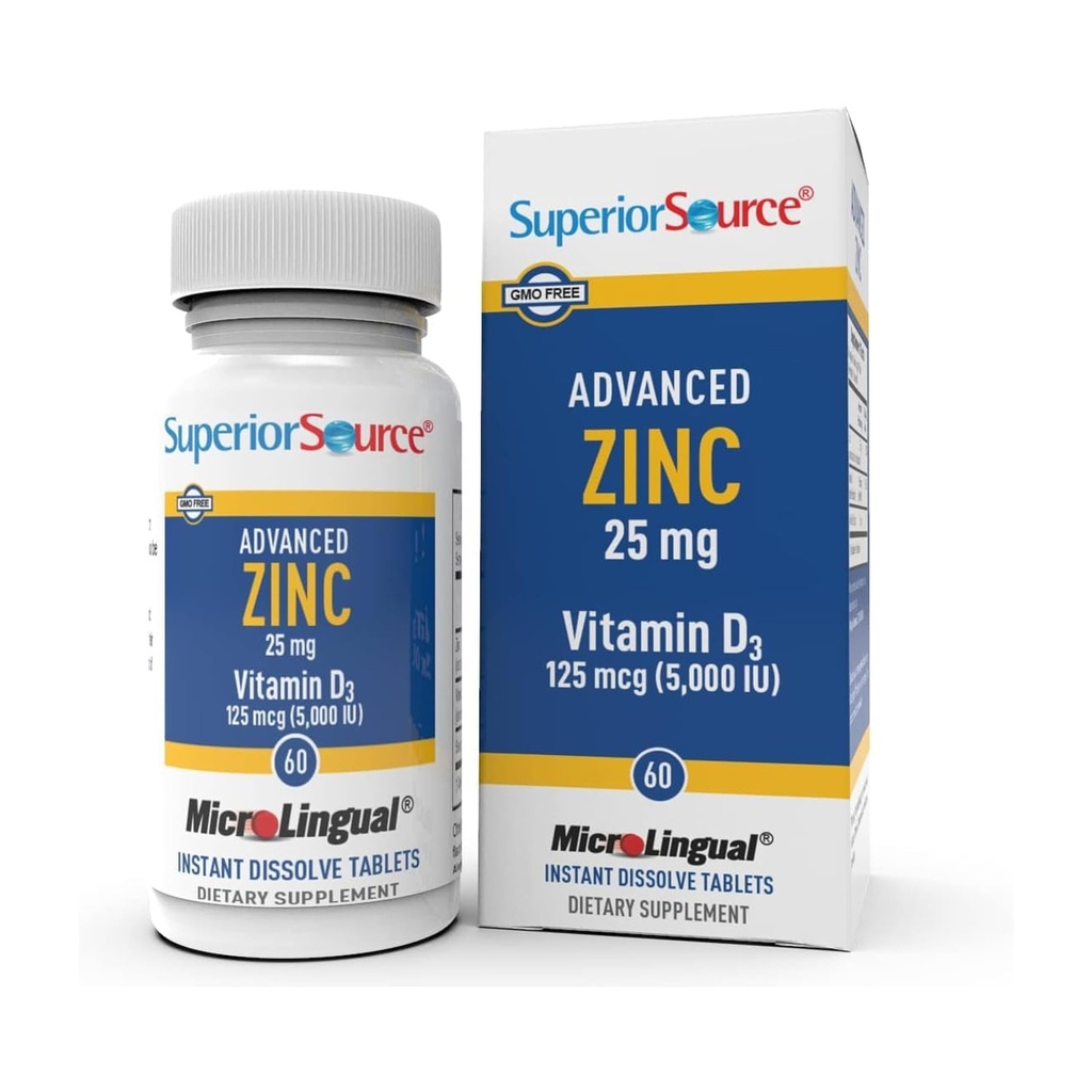 Source supérieure Zinc avancé 25 mg - Comprend Vitamine D3 5 000 UI - Supplément de soutien immunitaire Premium pour les hommes et les femmes - Non-OGM et sans gluten - 60 comprimés dissolvables microLinguaux