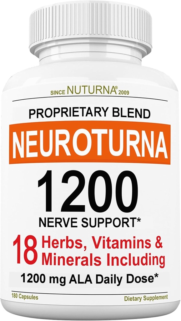 Supplément de soutien à la neuropathie avec l'acide lipoïque alpha pur à 1200 mg - Formule de nerfs à résistance maximale pour fortifier les nerfs dans les doigts, les mains, les orteils et les pieds - Meilleur support naturel de soulagement de la nerve - 180 capsules