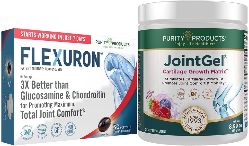 Produits de pureté Flexuron Formule articulaire + Gel articulaire Flexuron (huile de krill, acide hyaluronique à faible poids moléculaire, astaxanthine) - Gel articulaire en poudre de berry (peptides de collagène bioactif + MSM)