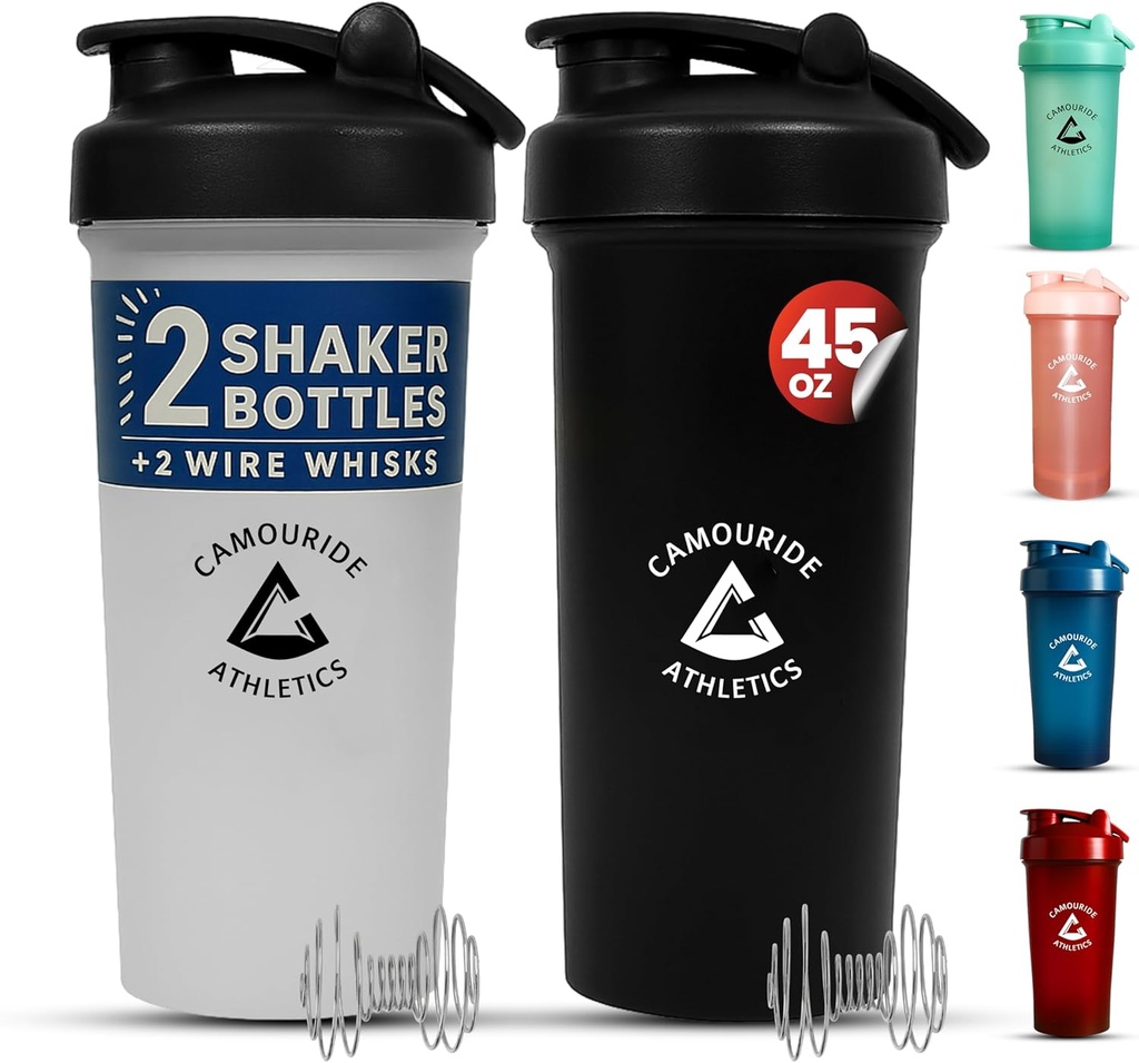 Bouteilles de shaker protéinée de 45 oz avec fouet en fil – sans BPA, coupes de shaker pour smoothies et shakes protéiniques – Grande bouteille de mélangeur en plastique – Blanc classique et noir de minuit