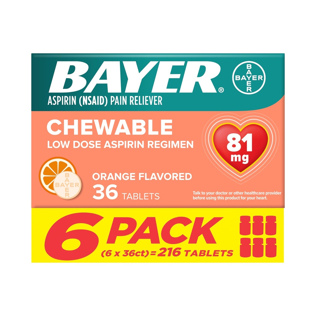 Bayer Aspirine faible dose 81 mg Comprimés à croquer, analgésique, aromatisé à l'orange, 216 Comprimés (6 boîtes)
