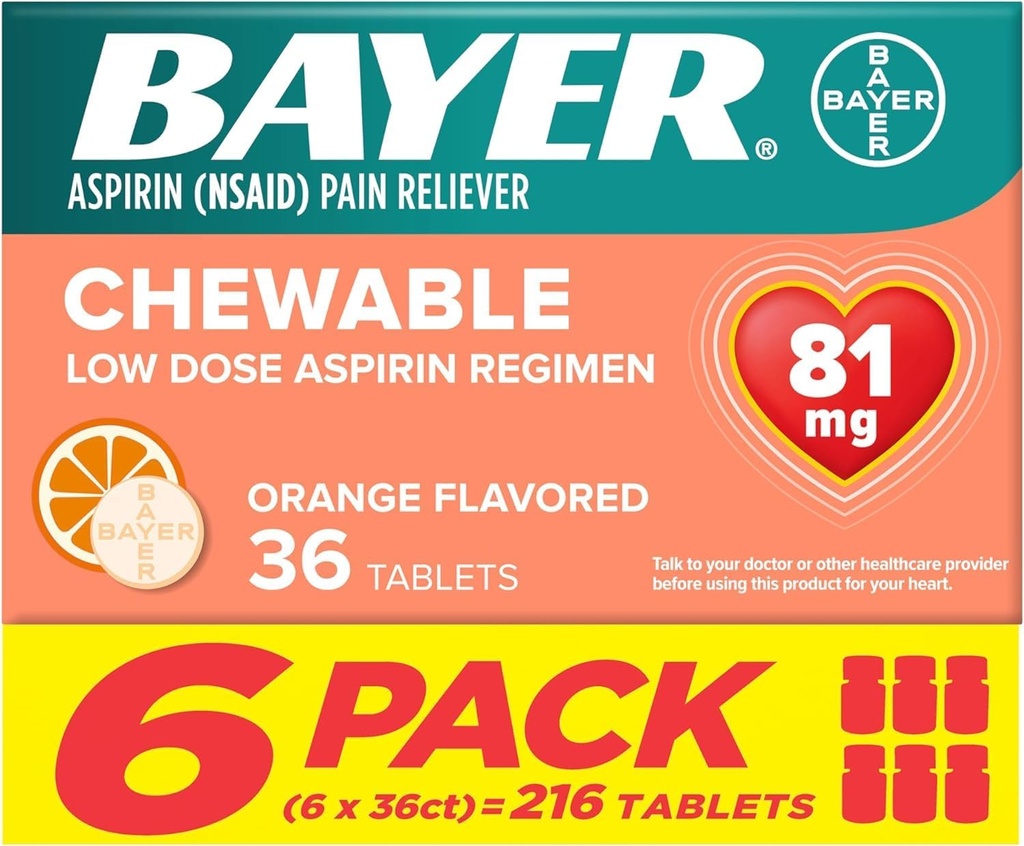 Bayer Aspirine faible dose 81 mg Comprimés à croquer, analgésique, aromatisé à l'orange, 216 Comprimés (6 boîtes)