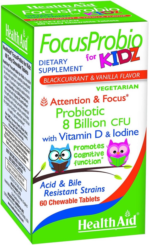FocusProbio pour Kidz, 60 comprimés à croquer, soutient la fonction cognitive pour l'attention et le focus. Contient de la vitamine D et de l'iode. Filets résistants à l'acide et à la bile. Végétarien