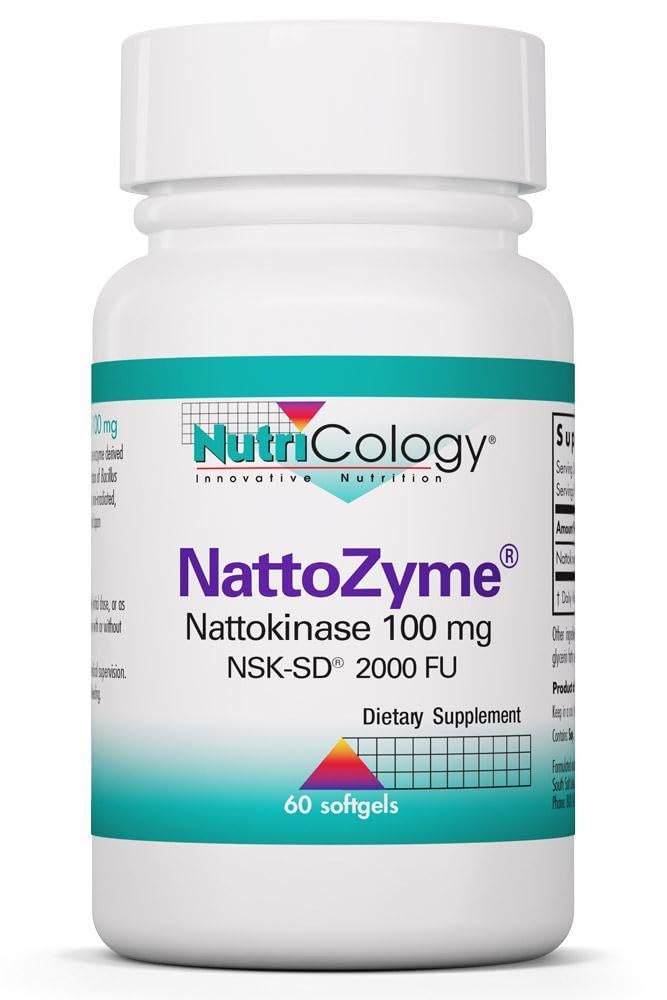 Nutricologie NattoZyme - Supplément Nattokinase NSK-SD 2000 FU, 100mg, pour les hommes et les femmes, Hypoallergénique, Formule de soutien cardiaque - 60 softgels végétariens