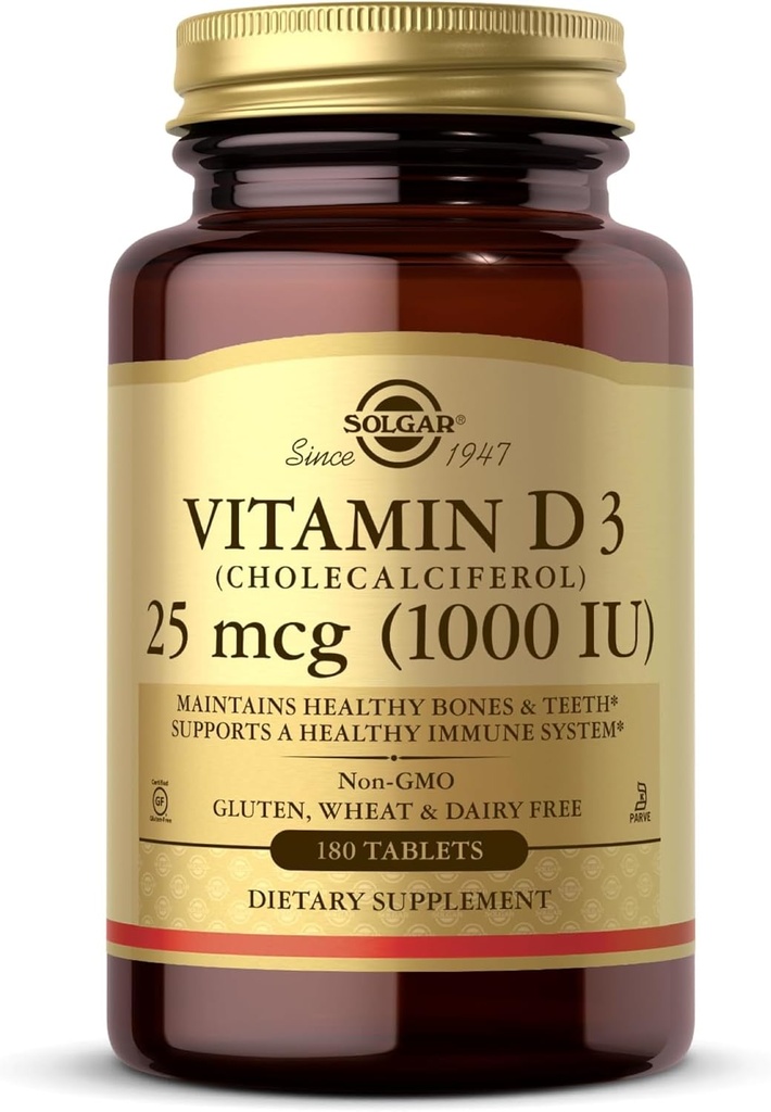 Solgar Vitamine D3 (Cholecalciferol) 25 mcg (1000 UI) – 180 comprimés - Aide à maintenir des os et des dents sains - Système immunitaire - Non-OGM, sans gluten, sans lait, sans casher - 180 portions