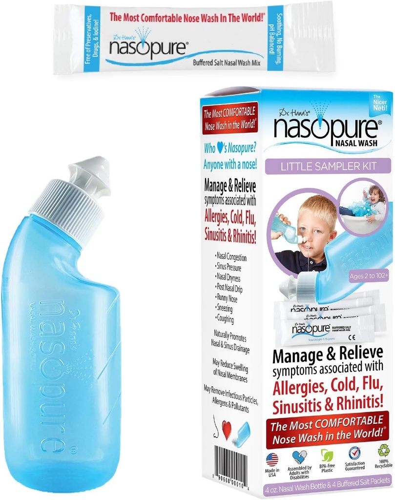 Nasopure Nasal Wash, Little Sampler Kit, Le Nicer Neti Pot Kit de lavage Sinus, confortable rinçage nasal 4 Oz bouteille et 4 sachets de sel (3.75 Gr chacun), congestion nasale, froid, allergie, irrigation nasale